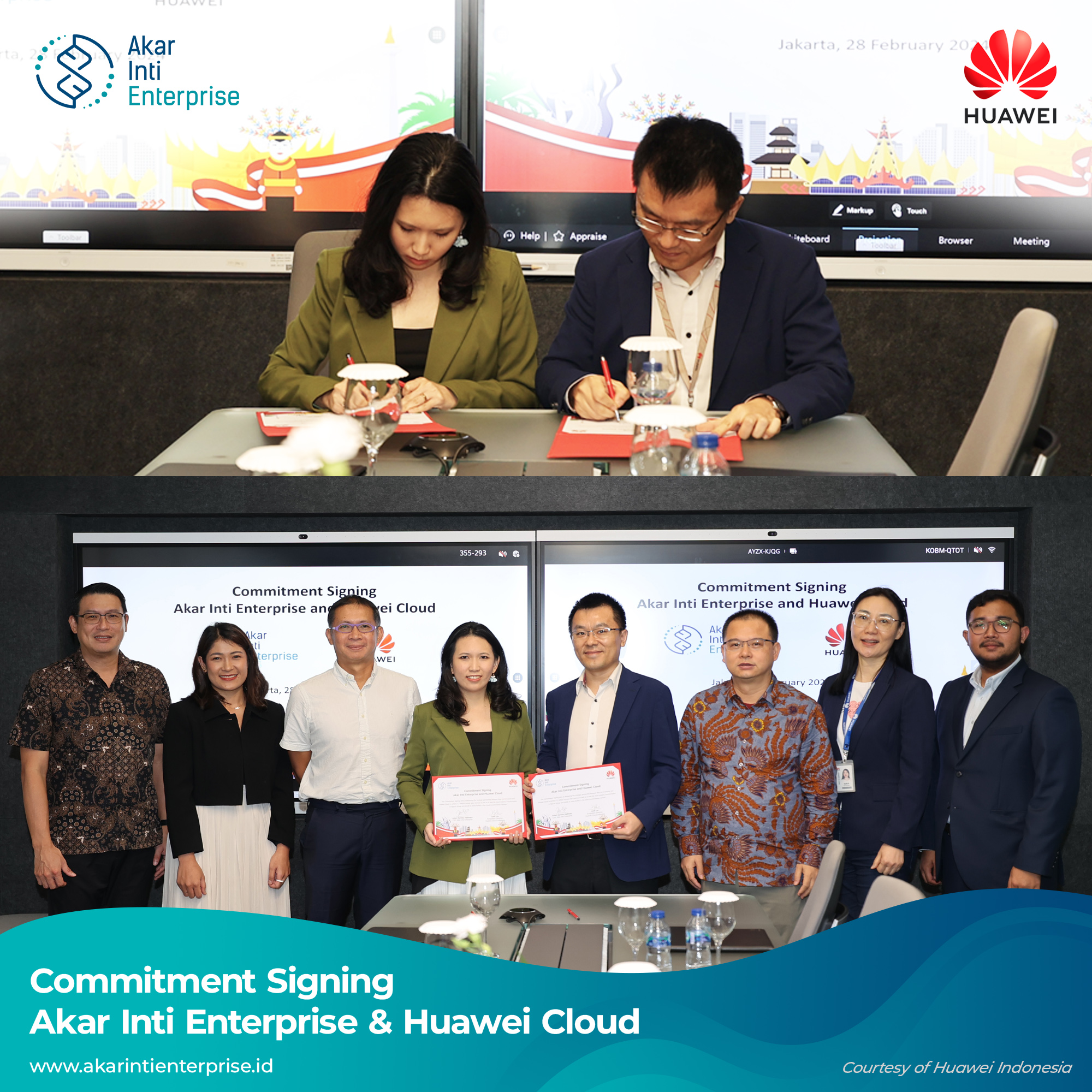 Official documentation of Akar Inti Enterprise x Huawei Cloud Indonesia Commitment Signing, with each companies' leading board of directors and representative teams.
